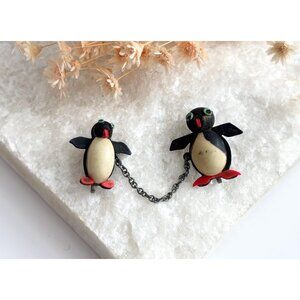 Dual Penguin Tiny Chainlinked Twin Figural Vintage Costume Jewelry Brooch